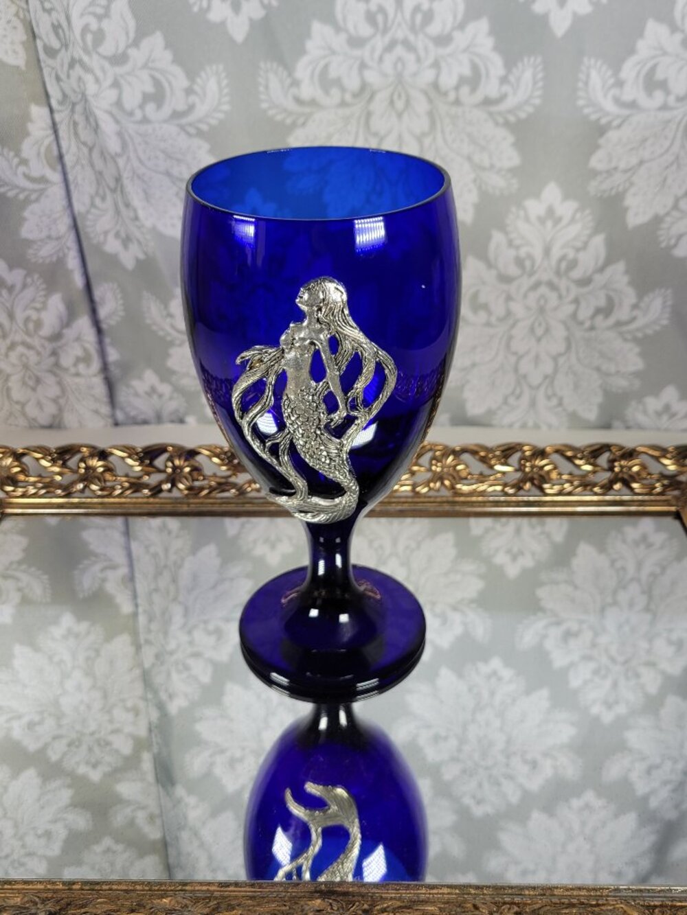 Cobalt Blue Glass Wine Glass Goblet with Pewter Metal Mermaid